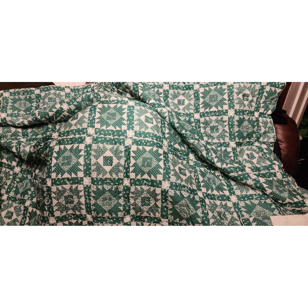 Vtg Rustic Handmade Amish Patchwork Hand-Tied Quilt Calico Stars Green Cottageco